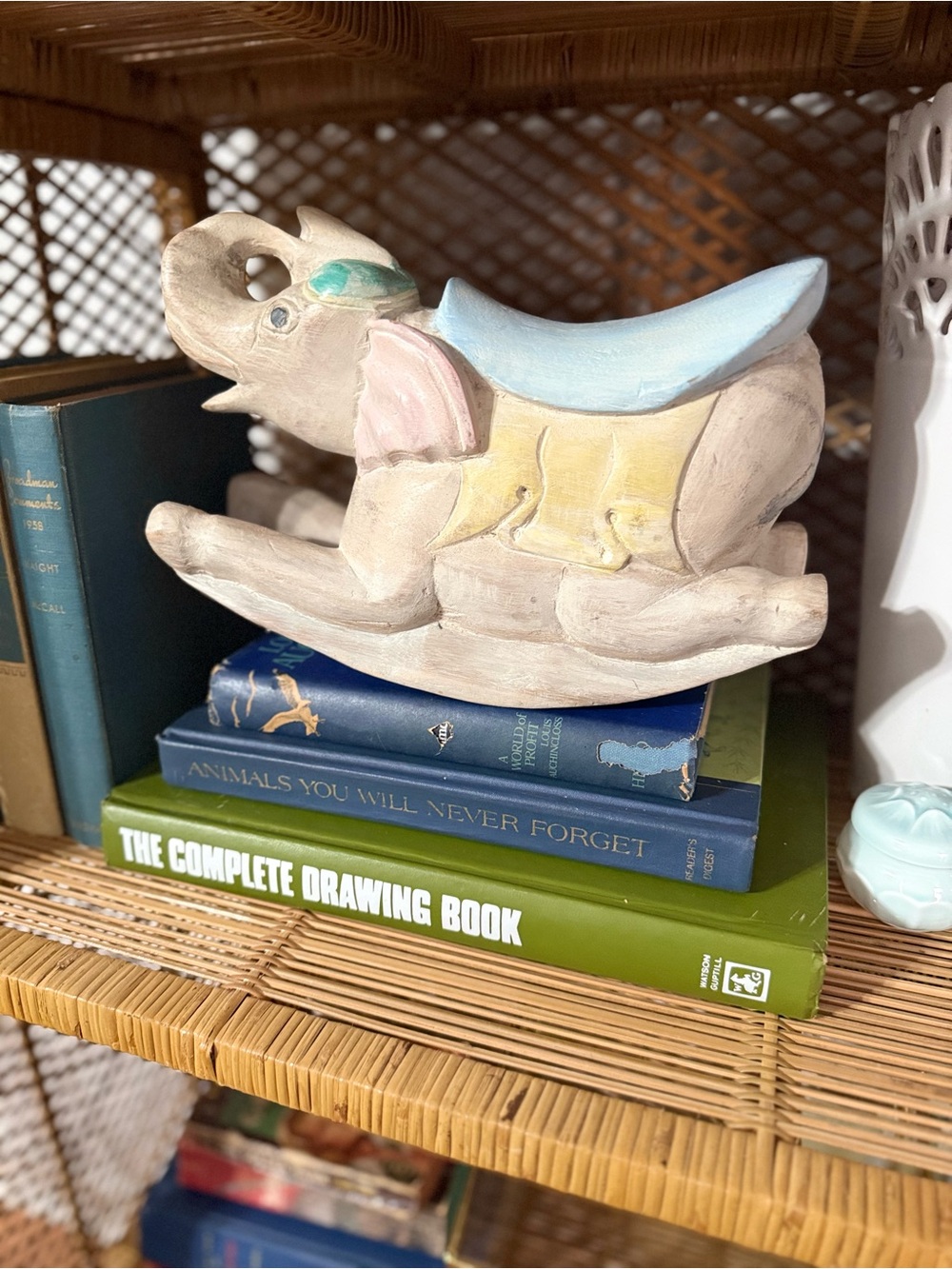Hand Carved Vintage Rocking Elephant Nursery Pastel Kids Room Decor 16” Baby